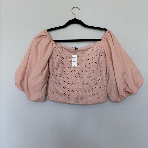 NWT Express Puff Sleeve Cropped Eyelet Blouse - Picture 2 of 12
